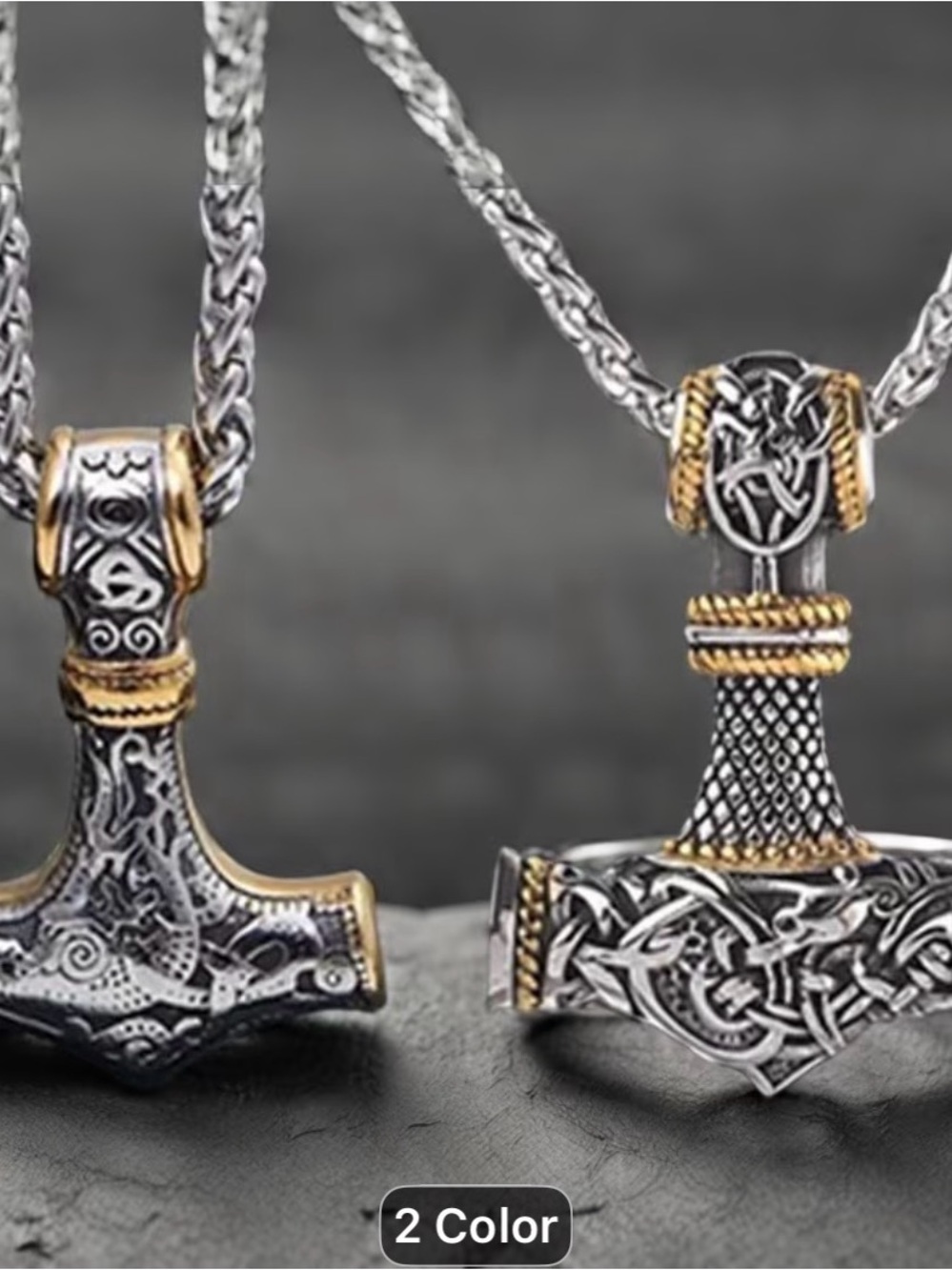 2PCS Vintage gold tone Viking Mjolnir Thor Hammer Pendant Necklace for Men